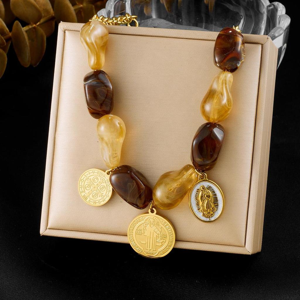 Retro High-End Color Block Resin Beaded Gold-Plated Enamel Oval Portrait Jewelry Set