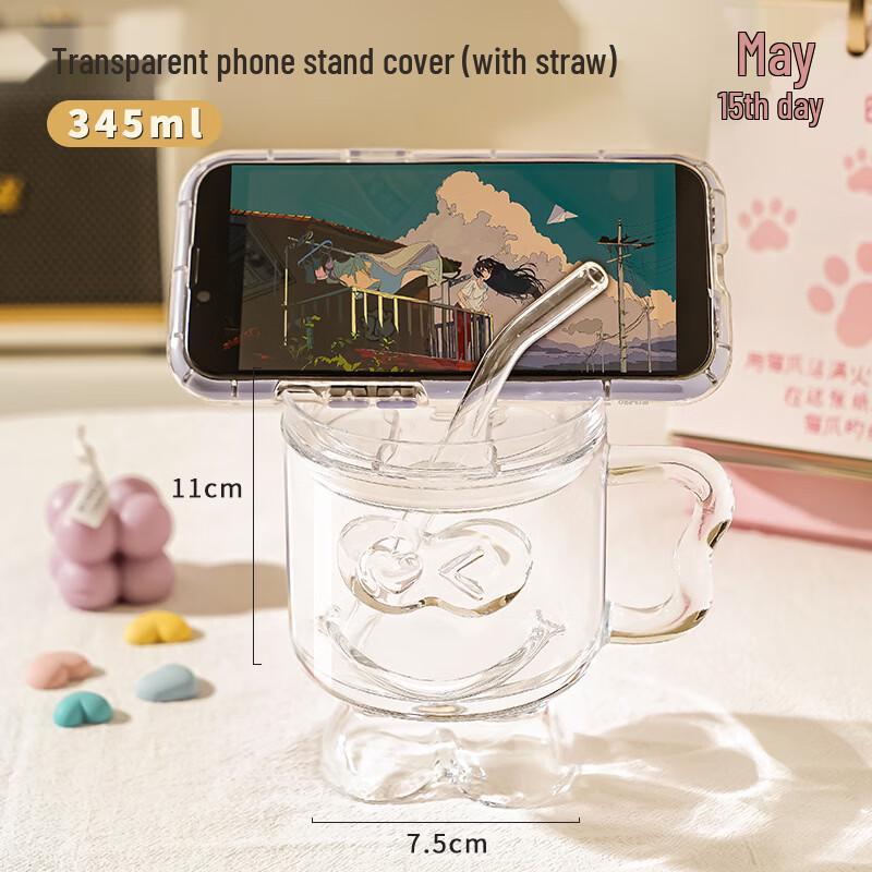 OLOEY Ins Style High-Foot Glass Cup with Lid and Straw