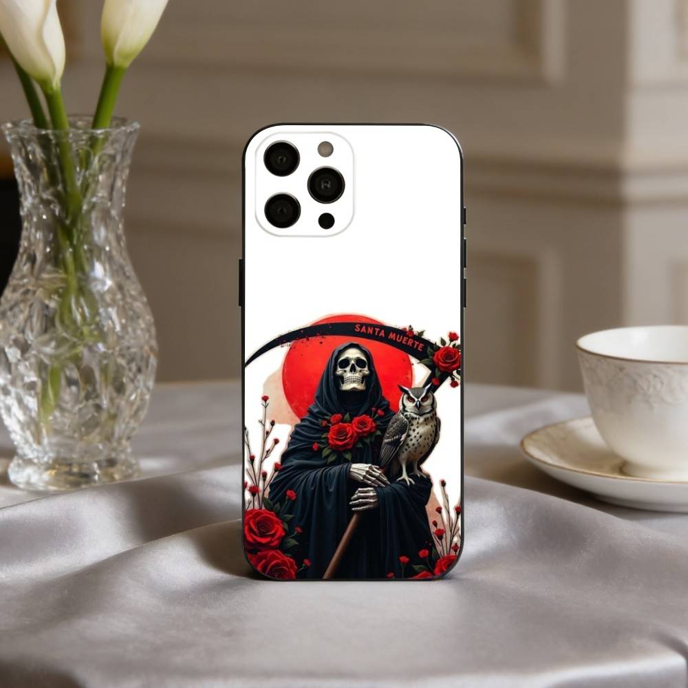 S-Santa M-Muerte P-print Phone Case For iPhone 17,16,15,14,13,12,11 Plus,Pro Max,XS,Soft Silicone Black Cover