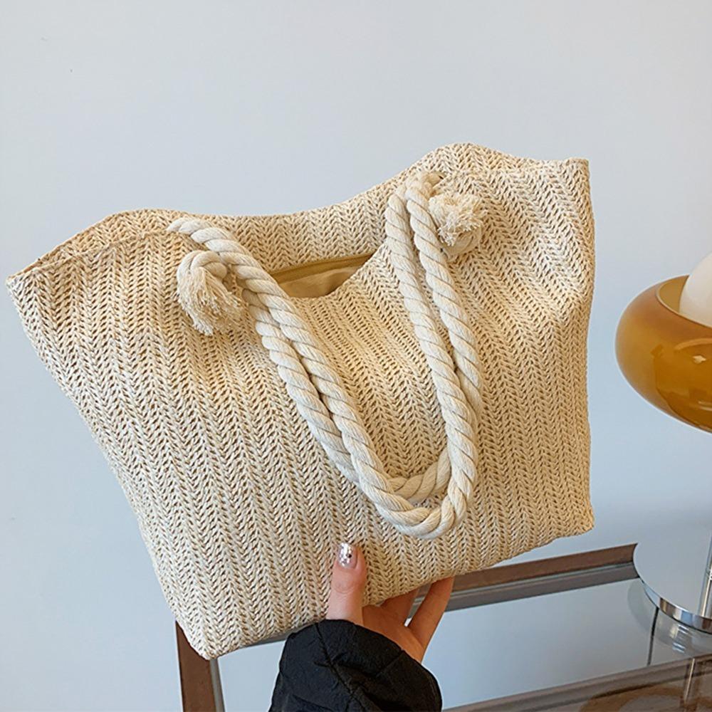 Solid Color Women Straw Tote Bag Bohemian Underarm Shoulder Bag Casual Beach Handbag  Travel