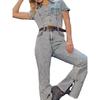 Single Adult Lady Like Woman Domineering Easiest for Match Tall Slim Looking Lapel Wash Denim Speaker Waist Trimming Short-Sleeved One-Piece Pants