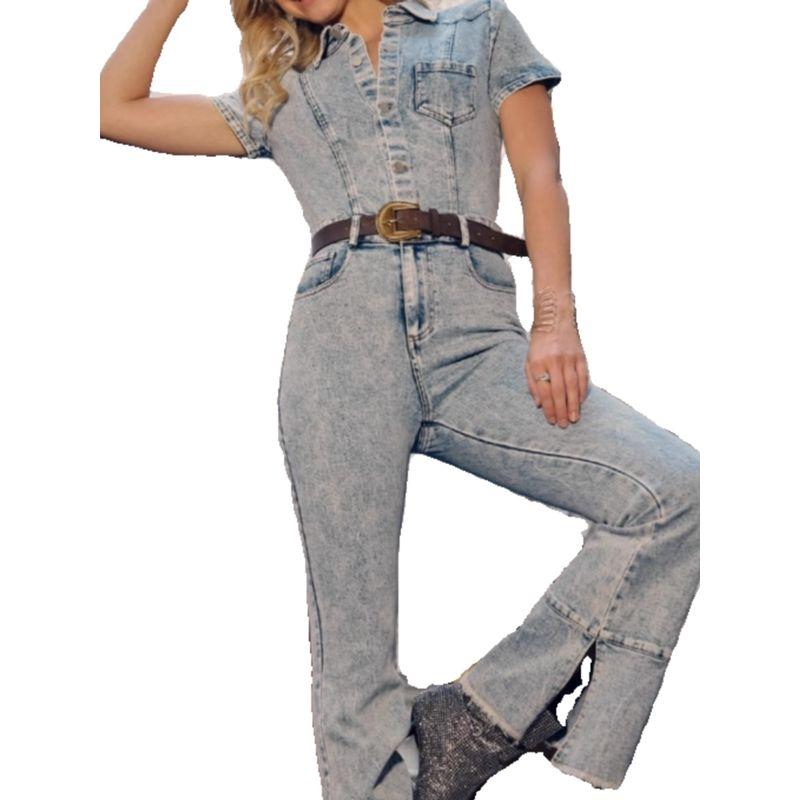 Single Adult Lady Like Woman Domineering Easiest for Match Tall Slim Looking Lapel Wash Denim Speaker Waist Trimming Short-Sleeved One-Piece Pants