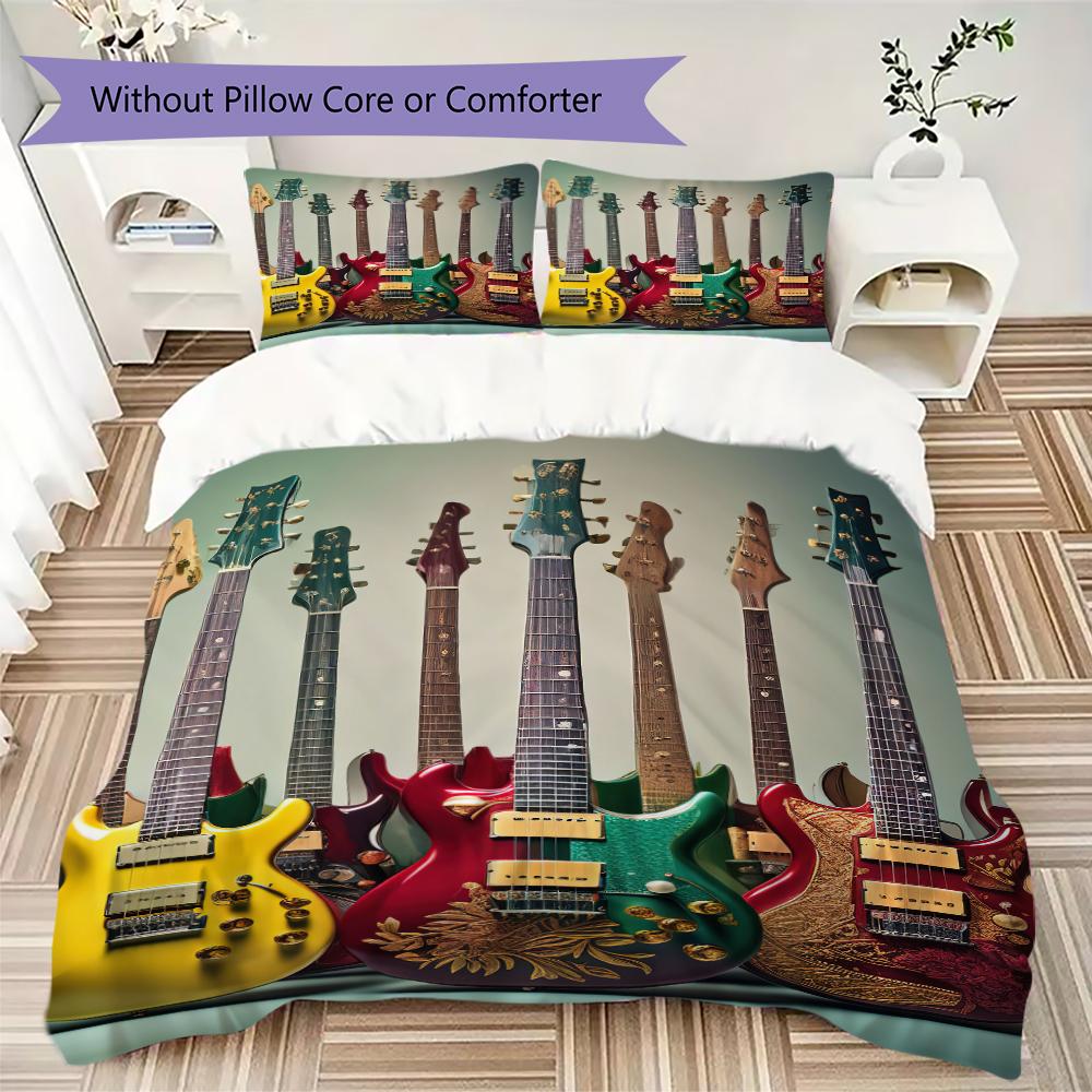 1PC Electric guitar Theme Bedding Quilt Set Quilt Cover Pillowcase Home Decoration Birthday Gift (1 * duvet cover + 2 * pillowcase, without core)A1