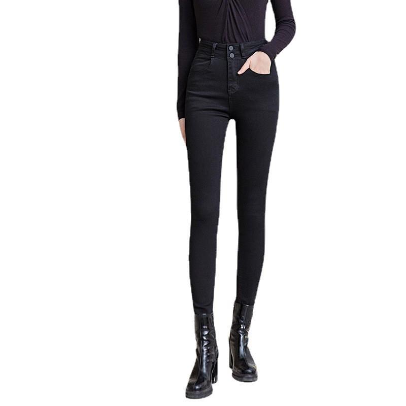 High Waist Plus Size Denim Jeans Women Fleece Lined Thick Stretch Skinny Pants Mid-Rise Slim Fit