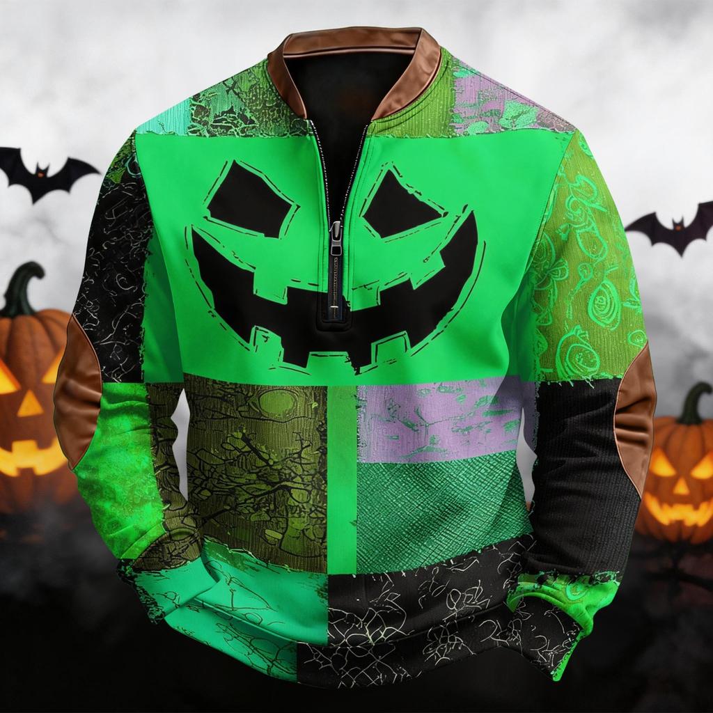 Men's Casual Retro Half Zip Long Sleeve Sweatshirt with Halloween Print