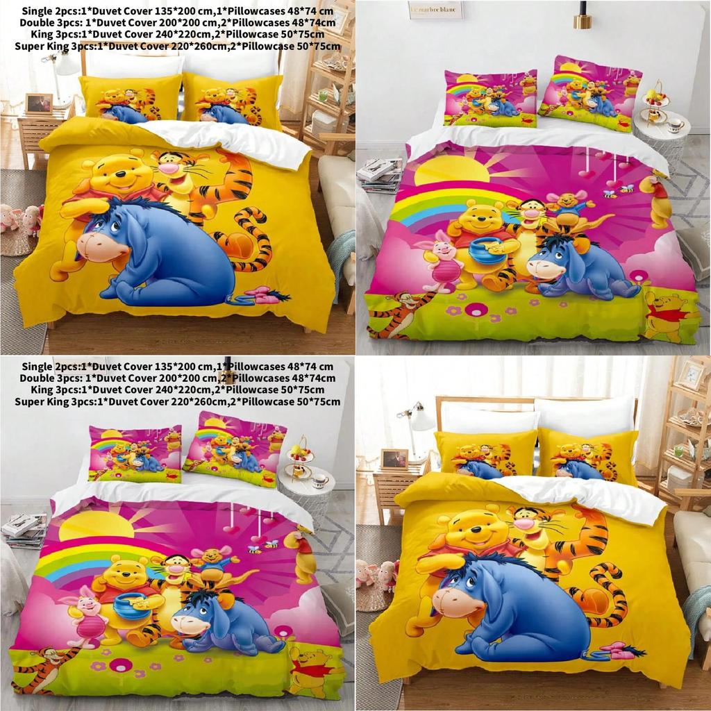 Kinderbeddengoedset met Winnie de Pooh-print en actieve kleurstof voor de decoratie van een peuterbed.