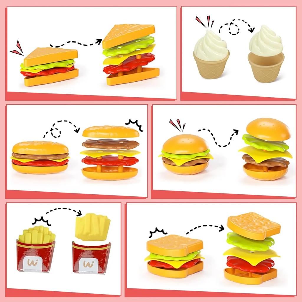71pcs Pretend Play Fast Food Toys Cash Register Toys Realistic Food Sets for Toddlers Water Dispenser Hamburger Sandwich