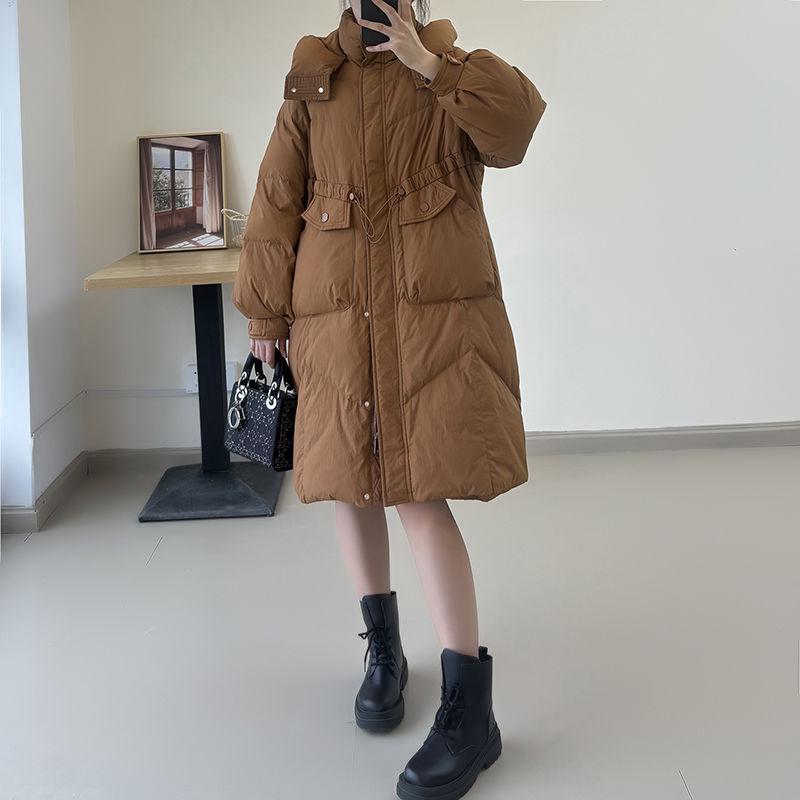 High-End Damen Kapuzen-Langdaunenjacke - Koreanischer Stil, Dick, Oversized, Tailliert, Überknie-Mantel mit Weißenten-Daunen.