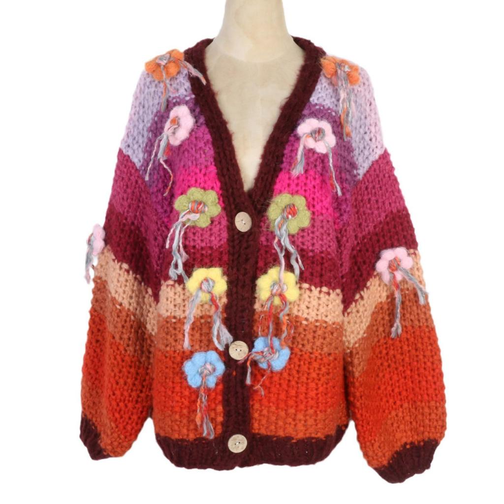 Women's V-Neck Striped Flower Crochet Cardigan - Long-Sleeve, Loose Fit, Perfect for Autumn & Winter.