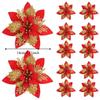 10Pcs 14cm Artificial Christmas Flowers Plastic Glitter Finish Christmas Glitter Flower Ornaments Sparkling Pink Red Gold