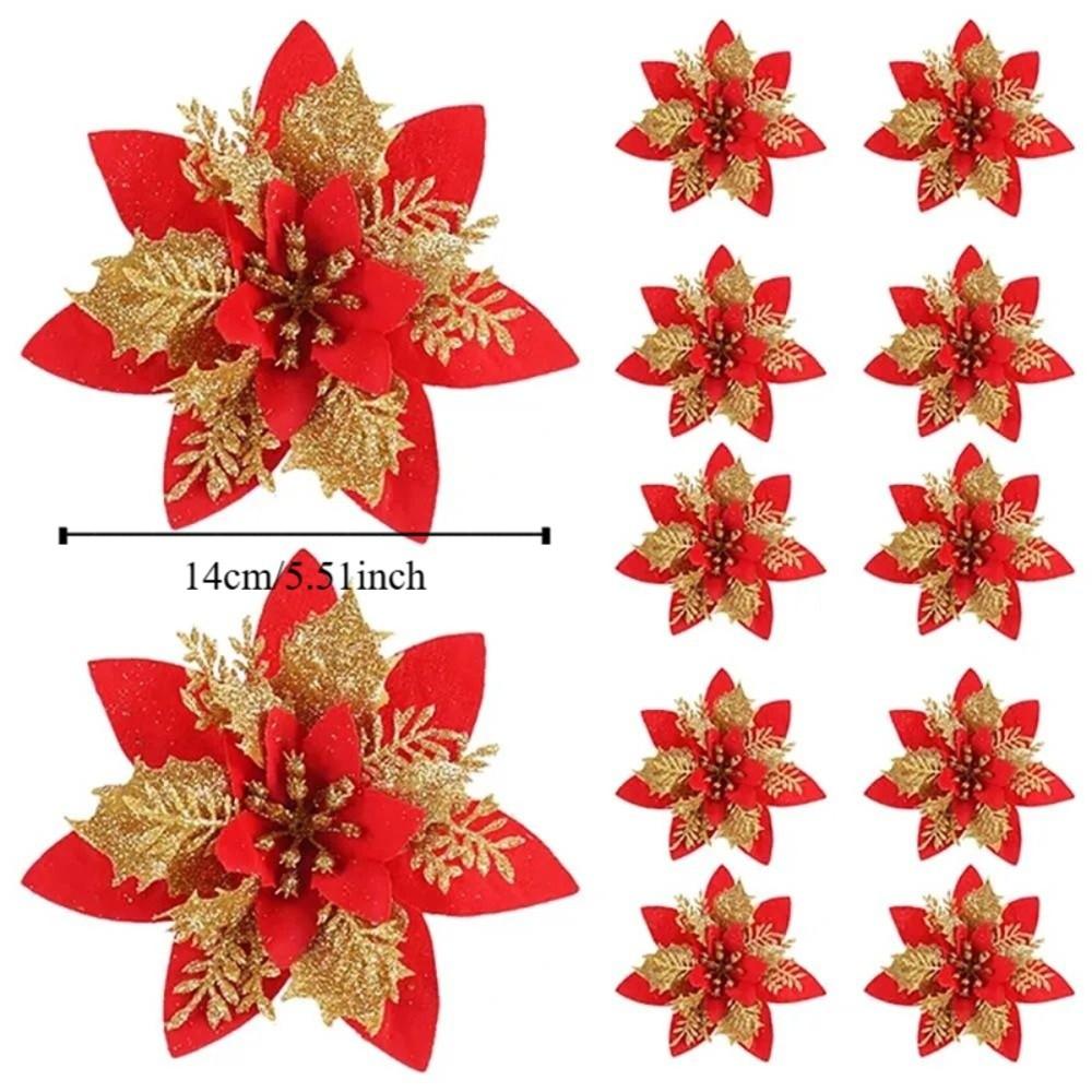 10Pcs 14cm Artificial Christmas Flowers Plastic Glitter Finish Christmas Glitter Flower Ornaments Sparkling Pink Red Gold