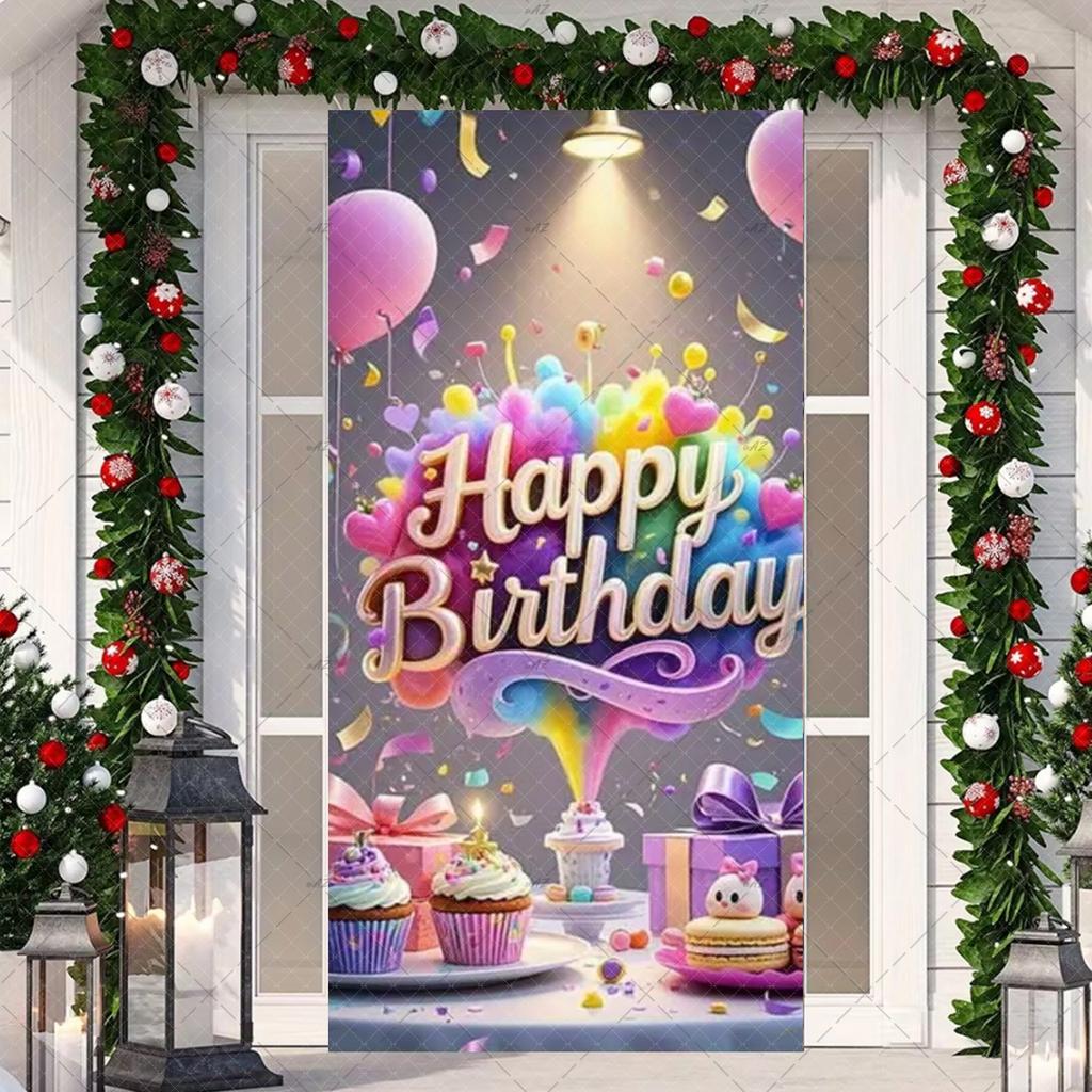 Black Gold Happy Birthday Door Banner Pink Blue Purple Shining Balloons Kid Adult Party Decoration Backdrop Photo Shoot Supplies