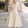 Elegant temperament waist thin dress long sleeves big swing solid color dress women