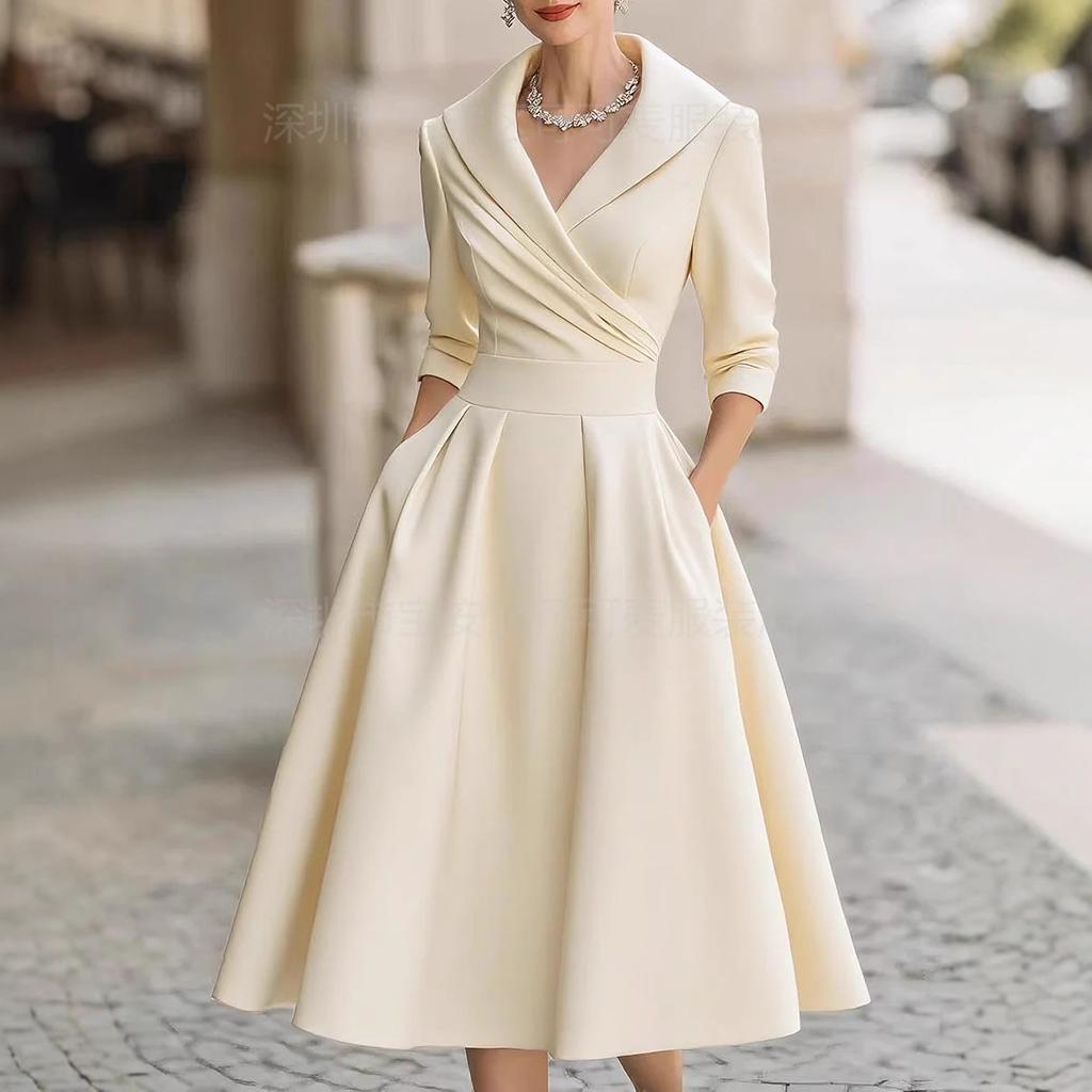 Elegant temperament waist thin dress long sleeves big swing solid color dress women