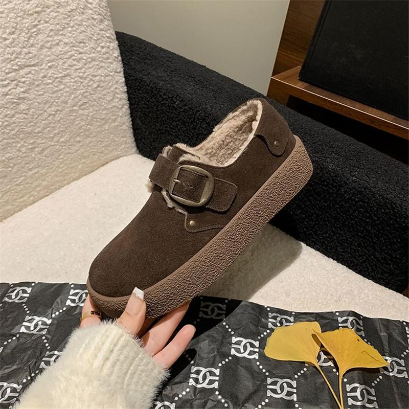 Fashion New Winter Cow Suede Women Pumps Shoes for Women Fashion Buckle Round Toe Warm Loafers Platform Shoes Zaptos Mujer Brown Shoes