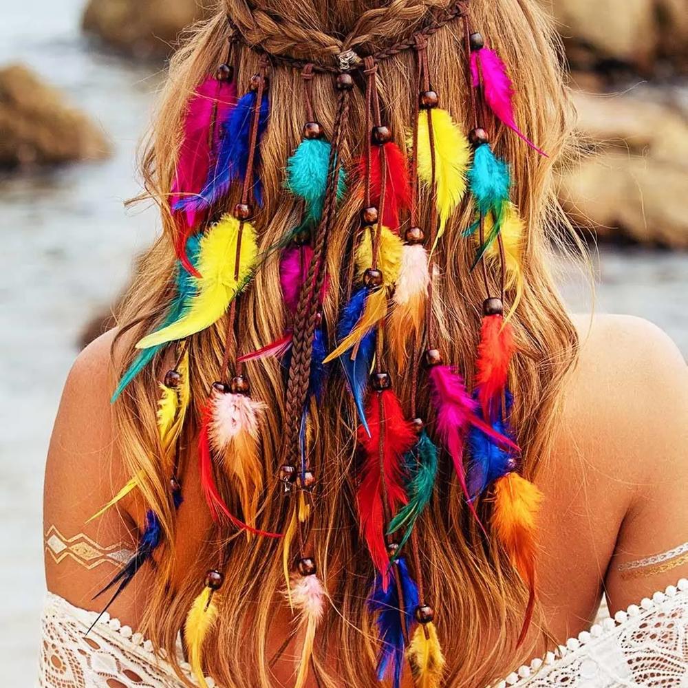 Indisches Mädchen Kopfschmuck Boho Bunt Lange Federn Quaste Verstellbar Native Kopfbedeckung Haarschmuck Damen Festival Zubehör