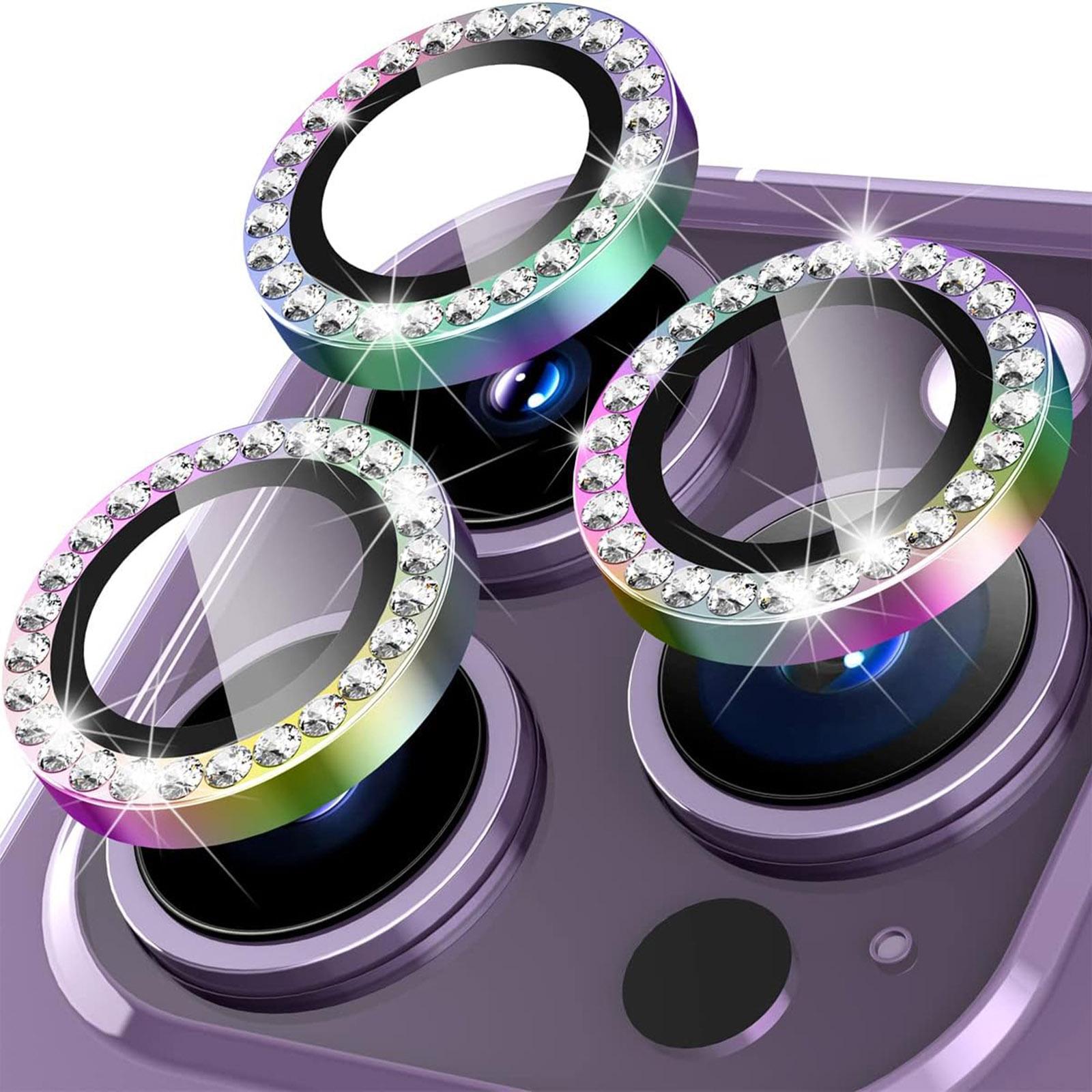 

For iPhone 15 Pro/15 Pro Max Rhinestone Camera Lens Protector Set Tempered Glass+Colorful Metal Ring Lens Film Type A