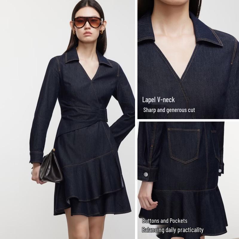 VEROMODA 2026 Autumn V-Neck Pleated Denim Mini Dress with Lyocell Belt