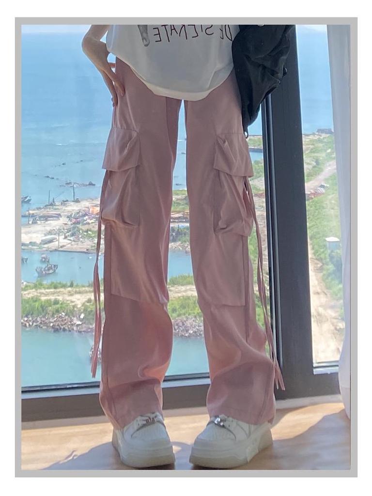 Women's Pink High-Waist Parachute Overalls - Quick-Drying, Wide-Leg, Casual American Sports Pants for Spring, Summer, and Autumn