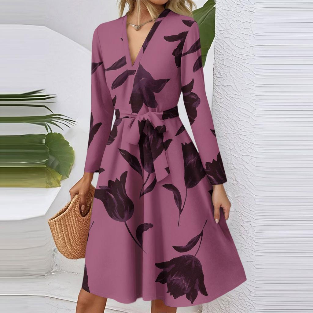 Women's Fashion Casual V-Neck Long Sleeve Waist Floral Print Midi Dress