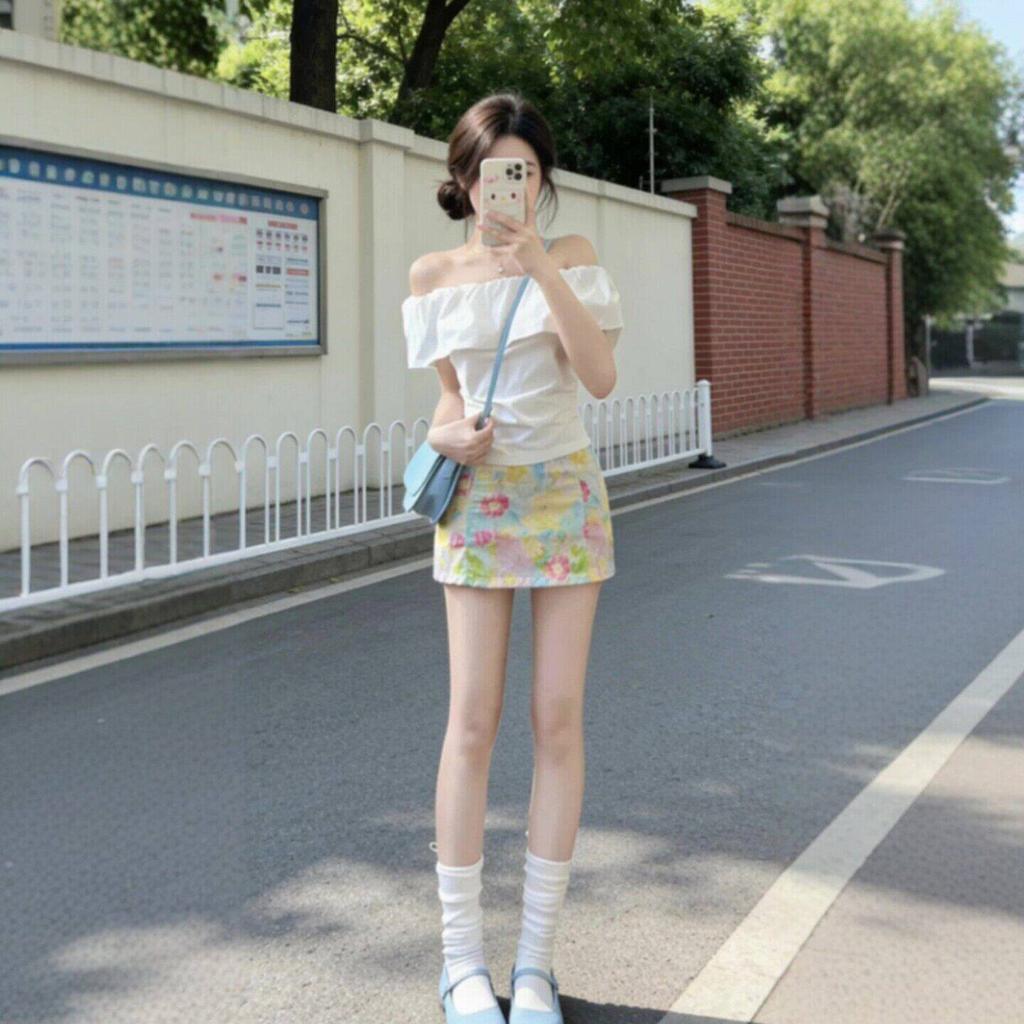 French White One-word Neck Off-the-shoulder Slim-fit Shirt Top, Women's Summer Sweet and Spicy Beautiful Wear, and a Whole Set of Skirts