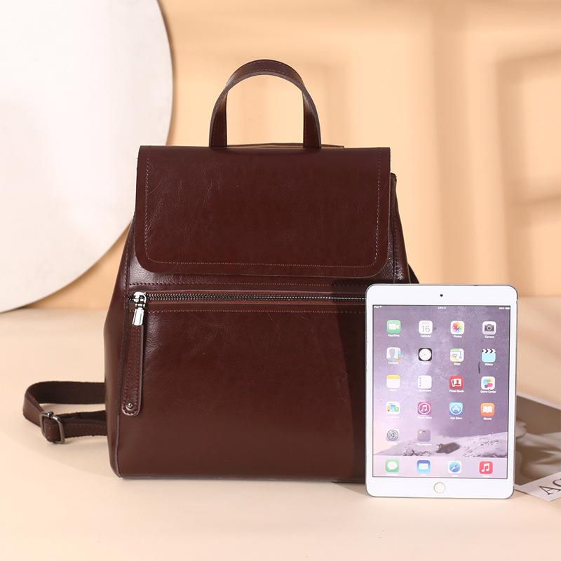 Echtleder-Rucksack, modische Tasche, aus reinem geöltem Rindsleder, Retro-Schultasche für Damen