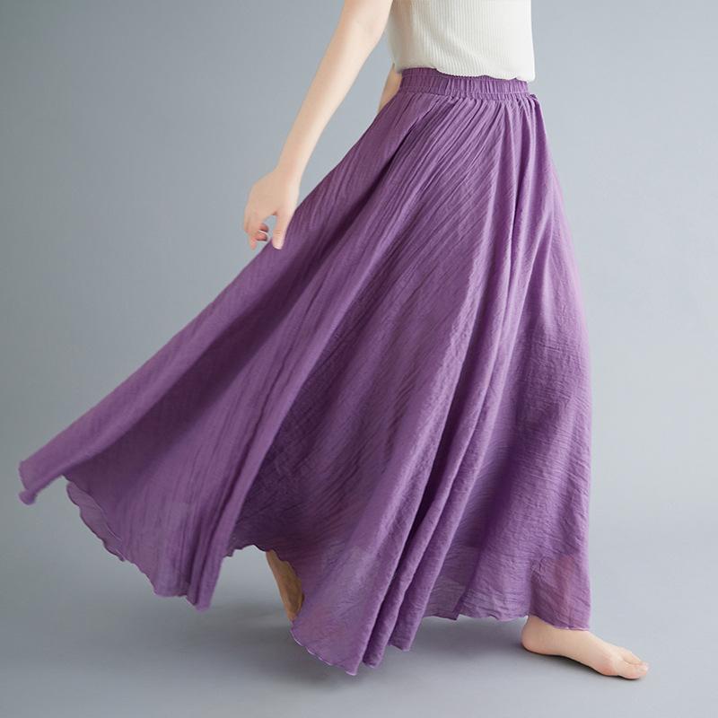 Literary Elastic Waist A-line Expansion Skirt Solid Color Ethnic Style Women Long Skirts