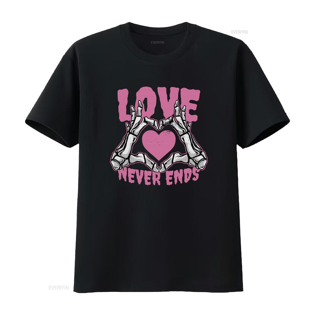 Love Never Ends Gothic Valentines Day Mens Cotton T Shirt with Skeleton Hands Heart Print vintage Washed graphic Comfortable