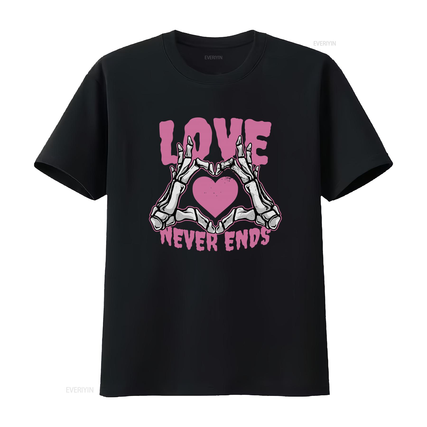 

Love Never Ends Gothic Valentines Day Mens Cotton T Shirt with Skeleton Hands Heart Print vintage Washed graphic Comfortable 4XL