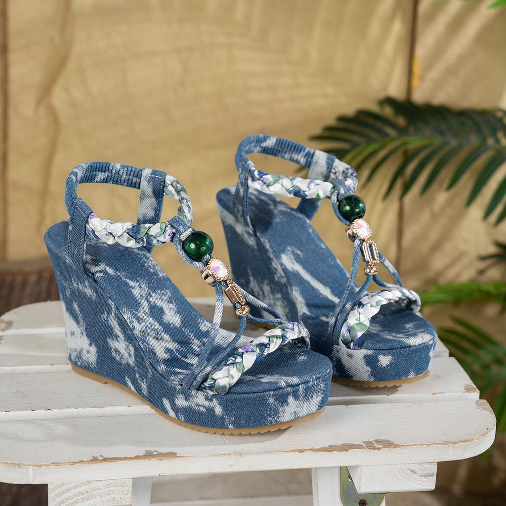 Fashion 2025 Rome Ladies Shoes Open Toe Women's Sandals Plus Size Casual Sandals Women Print Elastic Band High Wedges Shoes Female