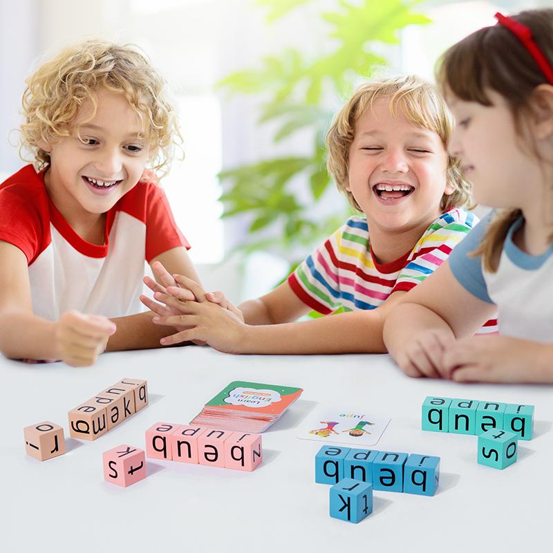 Jogo Soletrando a Palavra, Blocos de Construção de Leitura de Madeira com 54 Cartas, Brinquedo Montessori de Aprendizagem do Alfabeto