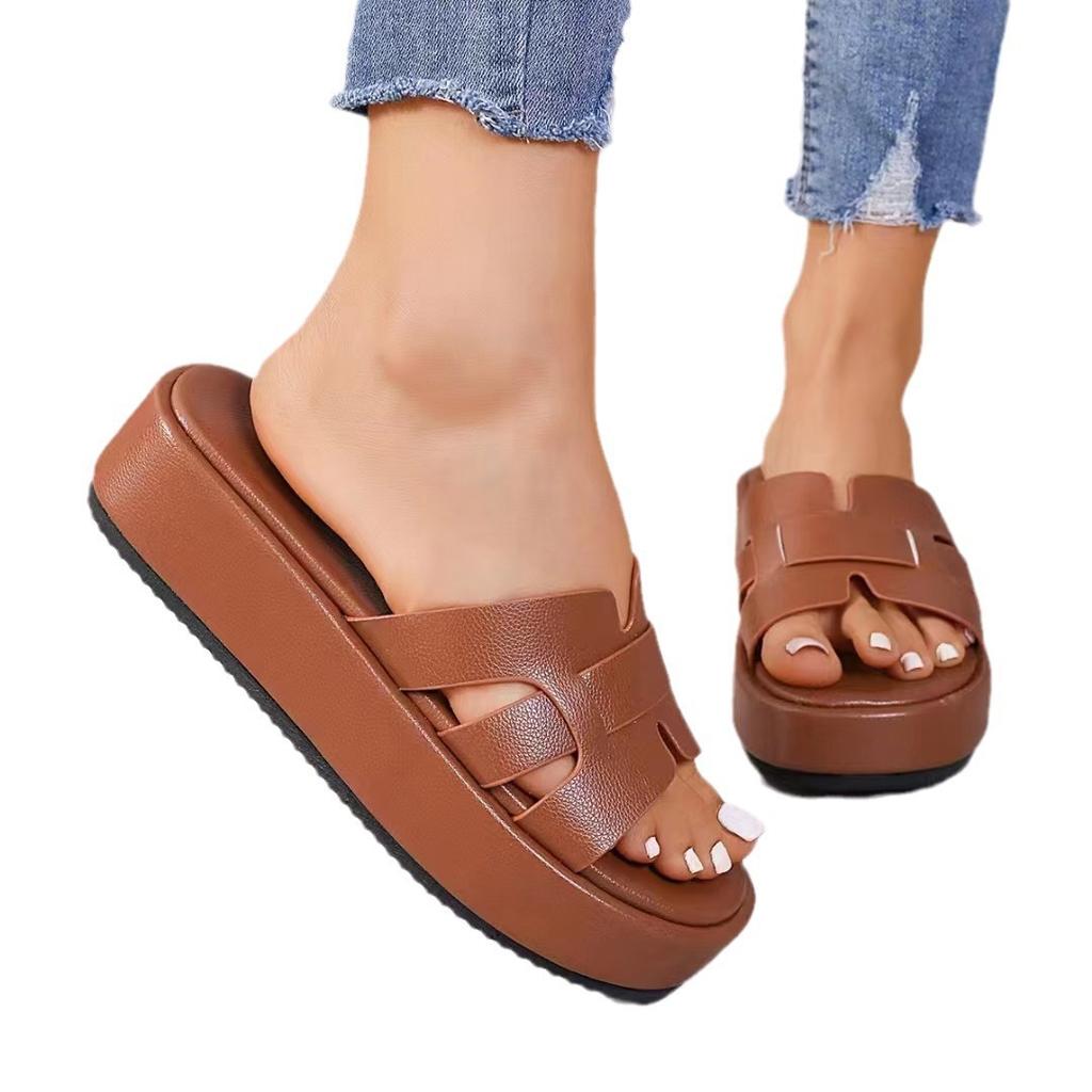 2025 New Casual One-character Solid Color European, American Amazon Slippers Foreign Trade Large Size Thick-soled Slippers Women