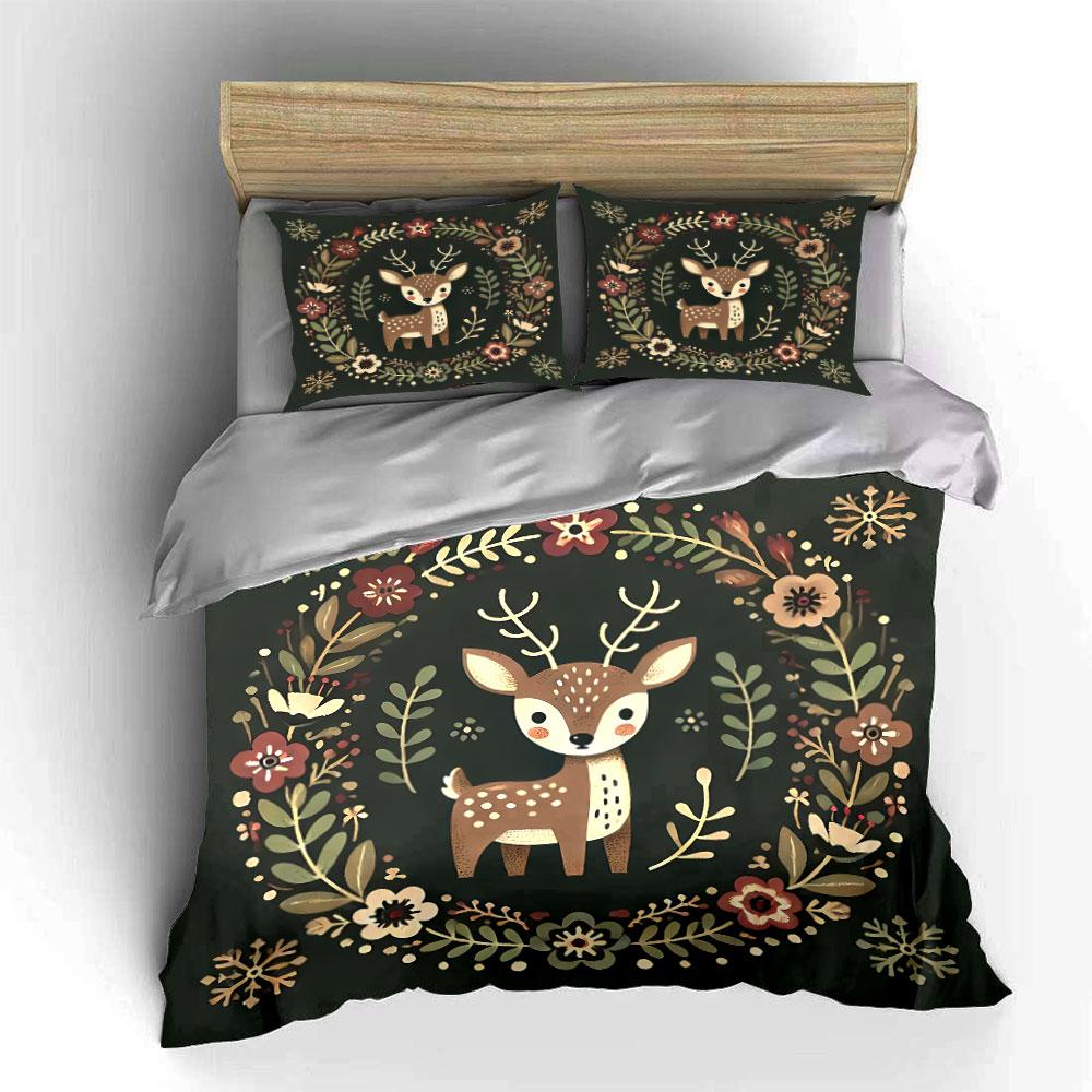 Woodland Deer Floral Design Bedding Duvet Cover Set Duvet Cover Pillowcases (1*Duvet Cover 2*Pillowcases, without duvet insert)
