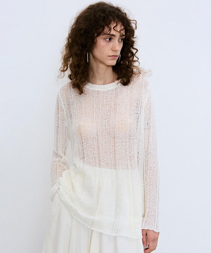 Nigaennikol Embroidery Net Pullover Knit Top_Ivory