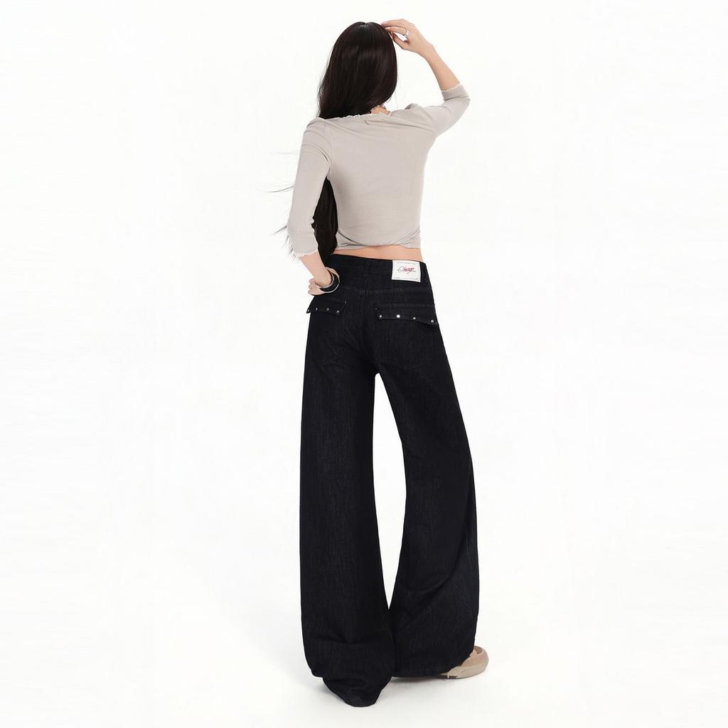 Design Rivet Wide Leg Jeans Women's Autumn and Winter Anti-Fading American Denim Black Loose Wide Leg Pants Children's