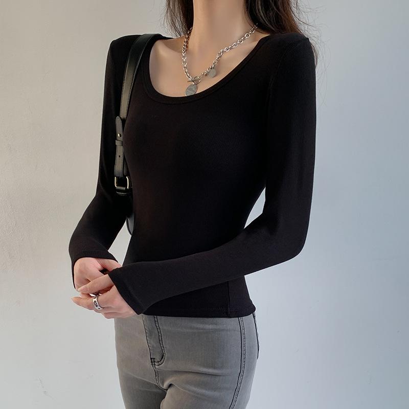 Neueste koreanische Version Frühling und Sommer Design Sinn Vielseitig Ausländischer Stil Herbst und Winter Poliert Langarm T-Shirt Rundhalsausschnitt Schlankes Oberteil