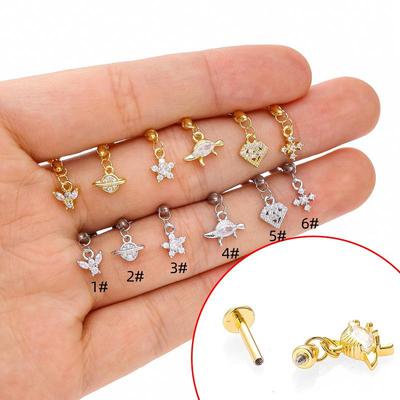 316L Stainless Steel Sea Turtle Flower Cross Zircon Lip and Ear Stud Earring.