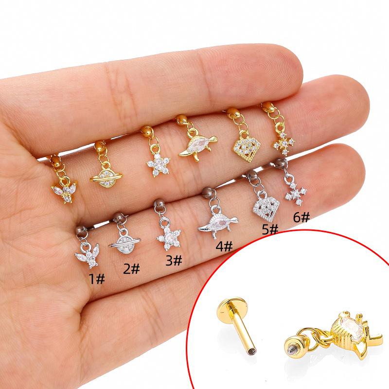 

Серьга-гвоздик для губы и уха из нержавеющей стали 316L с изображением морской черепахи, цветка и креста, с цирконами. 2# серебряный