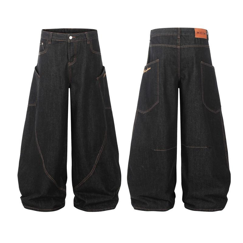 Mens Vintage Raw Washed Denim Jeans Straight Cut Loose Fit Workwear Style Casual Pants