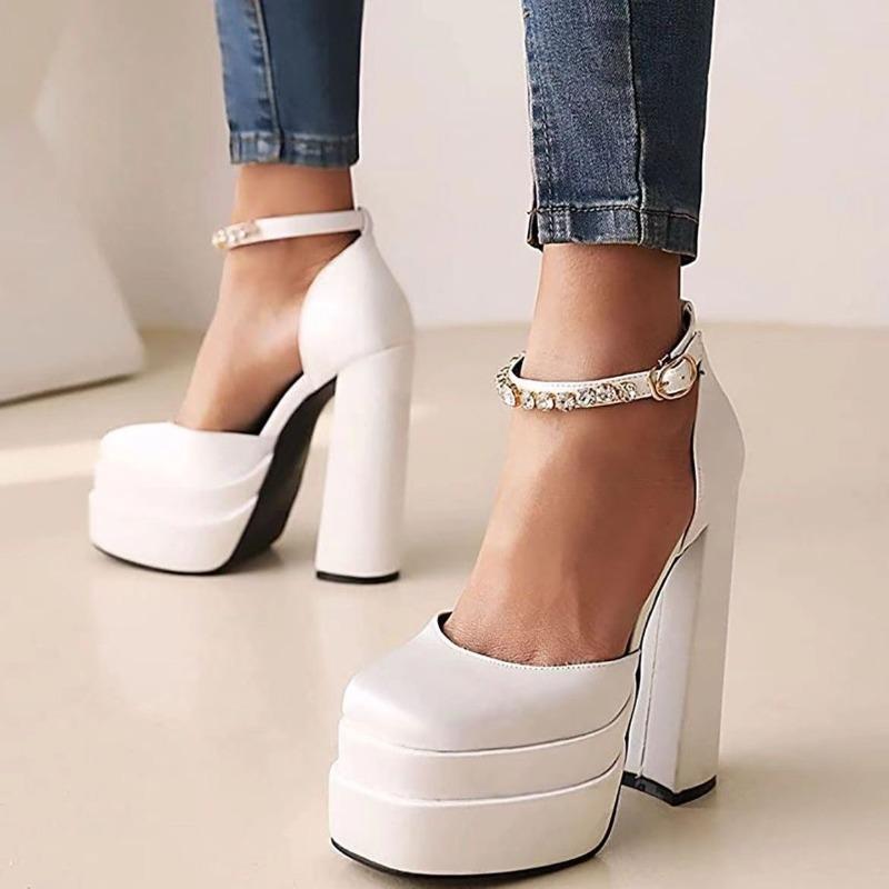 Mary Jane Shoes Women 2025 New Spring Autumn Thick Heels High Heels Waterproof Platform Hollow Luxury Brand Women's Shoes 35-42