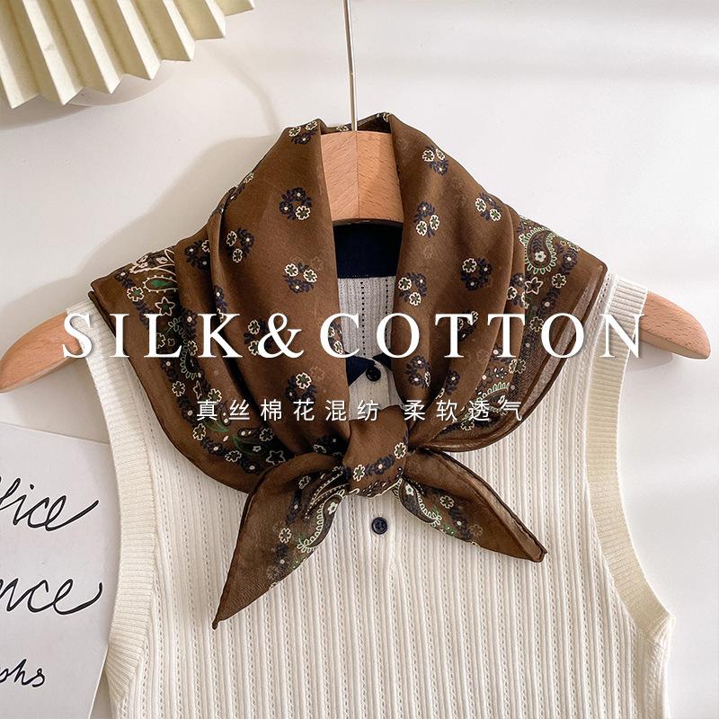 Fashion versatile cashew nut silk pure cotton blended 71 square scarf retro high-end Korean version women's silk cotton silk scarf decoration