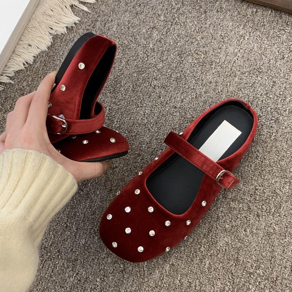 

Баотоу полутапочки женские летние стразы нежные балетки Мэри Джейн одинарные туфли 40 красный