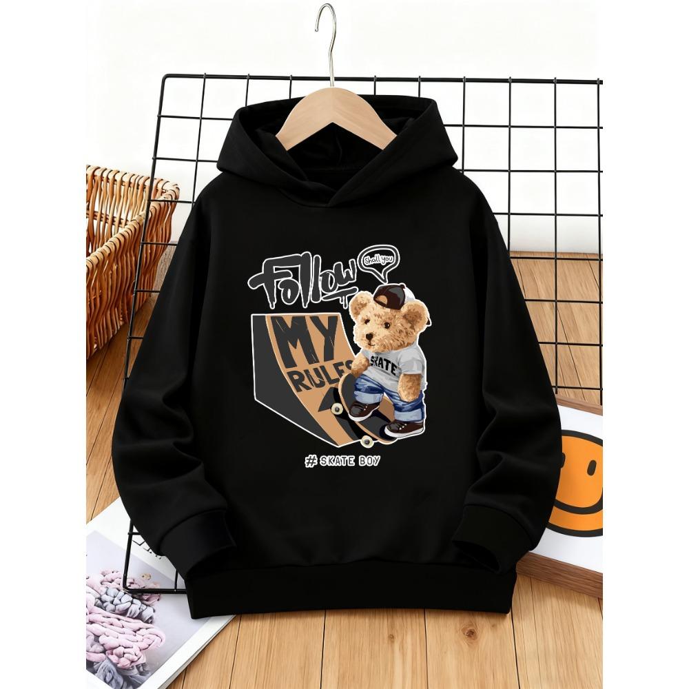 

Follow My Rules Skateboard Bear Print Cool Street Style Children s Black Hooded Sweatshirt 100