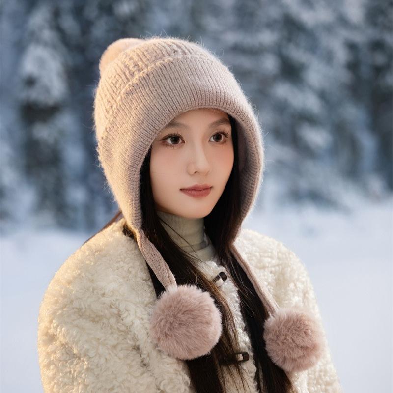 New Rabbit Fur Knitted Warm Hat Autumn and Winter Fleece Thickened Ear Protection Face Fleece Fleece Hat Women's Cold Protection Hat