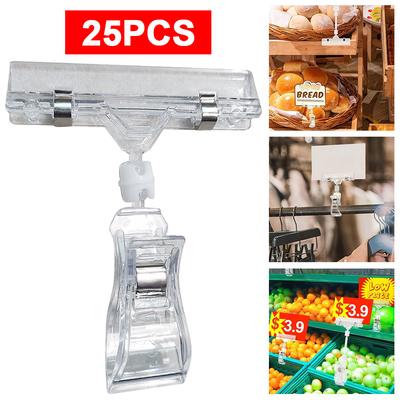 25 Pcs Plastic Merchandise Sign Clip Rotatable Double Head Display Clips Price Rack Shelf Clips for Price Tag Label Sign Display