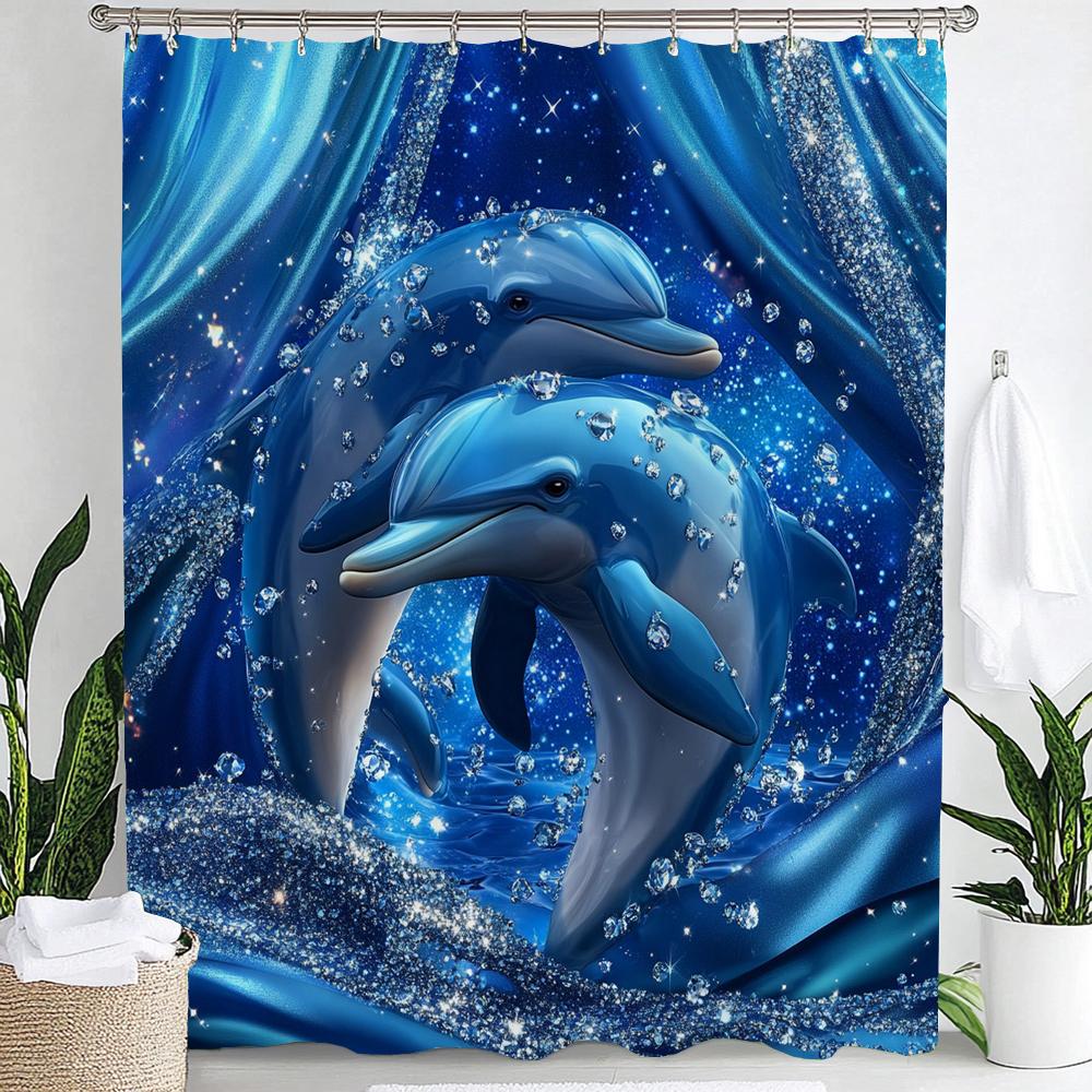1pc Underwater World Blue Ocean Dolphin Cartoon Print Waterproof Shower Curtain Partition Privacy Hanging Curtain with 12 Hooks