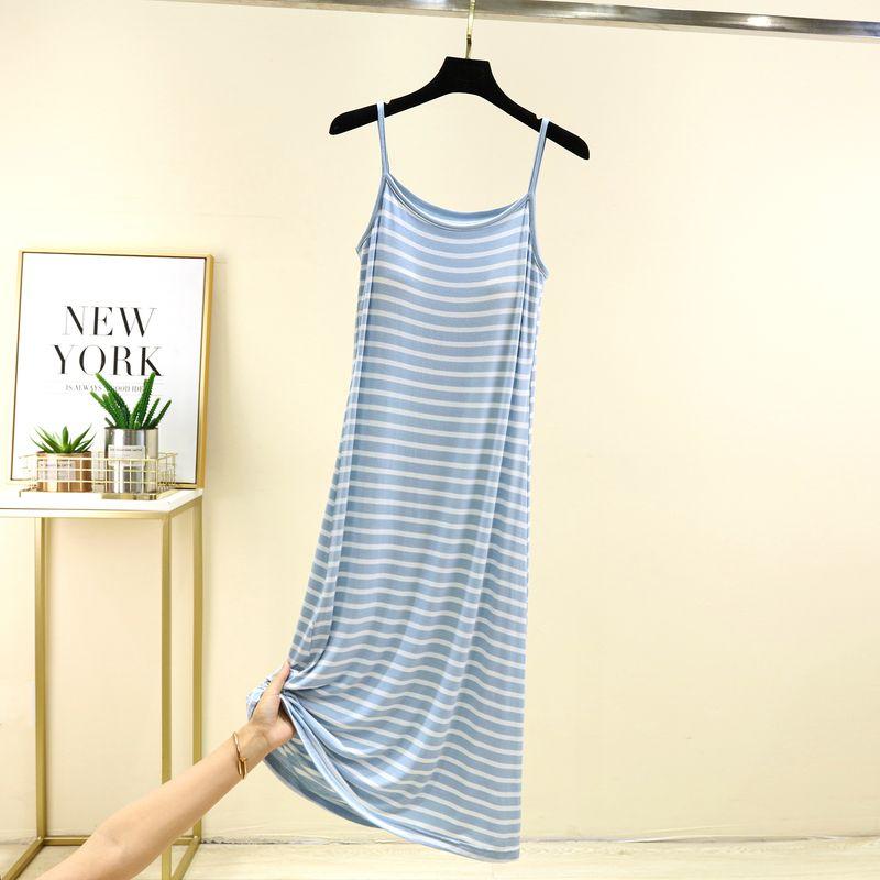 

Модальное платье-комбинация с нагрудными подушечками, женское летнее тонкое внутреннее платье, бесшовный бюстгальтер, повседневное платье в полоску, ночная сорочка Blue L (Recommendation 55.00 kg-70.00 kg