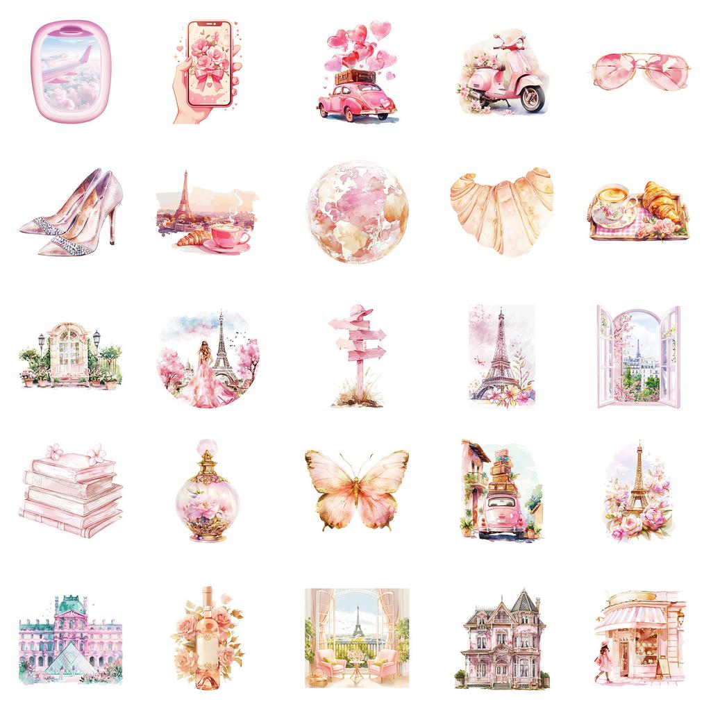 50 No Repeat Pink Retro Paris Items Waterproof Stickers DIY Mobile Case Skateboard Creative Manual Account