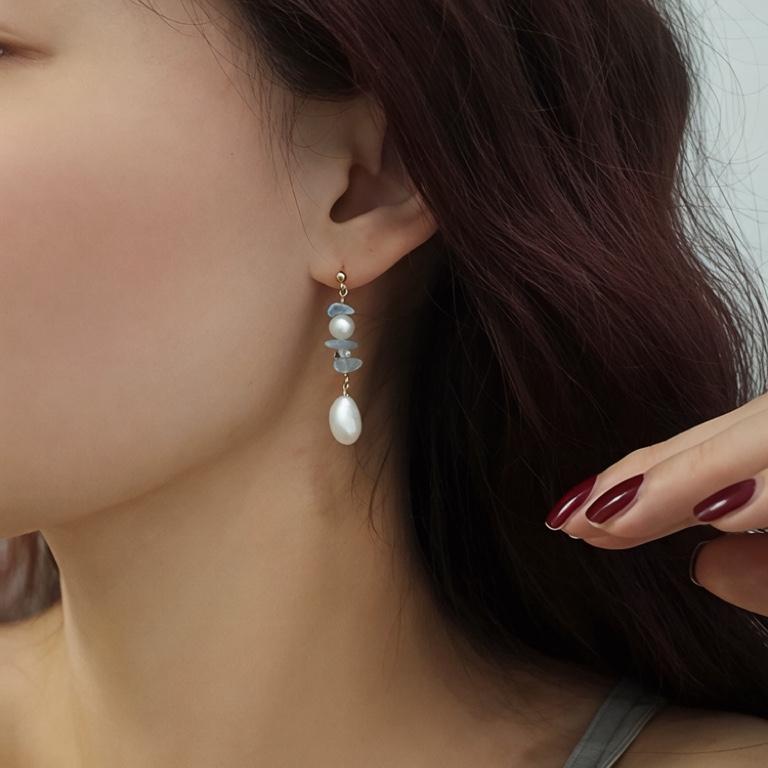 Haifengyin natural aquamarine freshwater pearl stud earrings retro light luxury high sense gentle temperament niche earrings