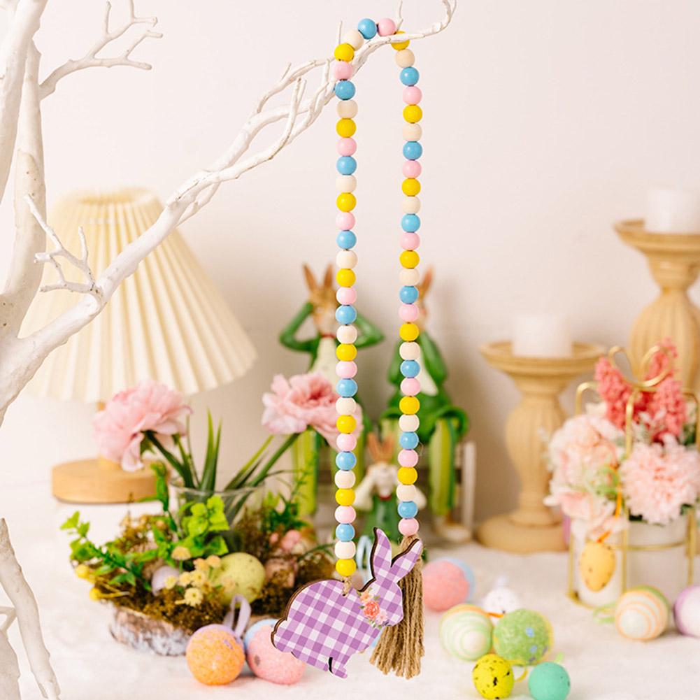 

Easter Colorful Wooden Beads Hanging Garland With Plaid Print Rabbit Pendant For Easter Holiday Party purple rabbit#0